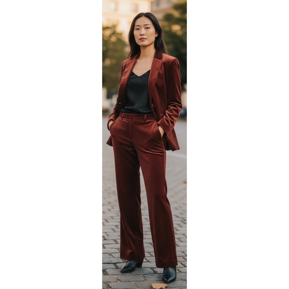 Theory Berdyne B Stretch Velvet Suit Burgundy Blazer Wide Leg Pants Set 00